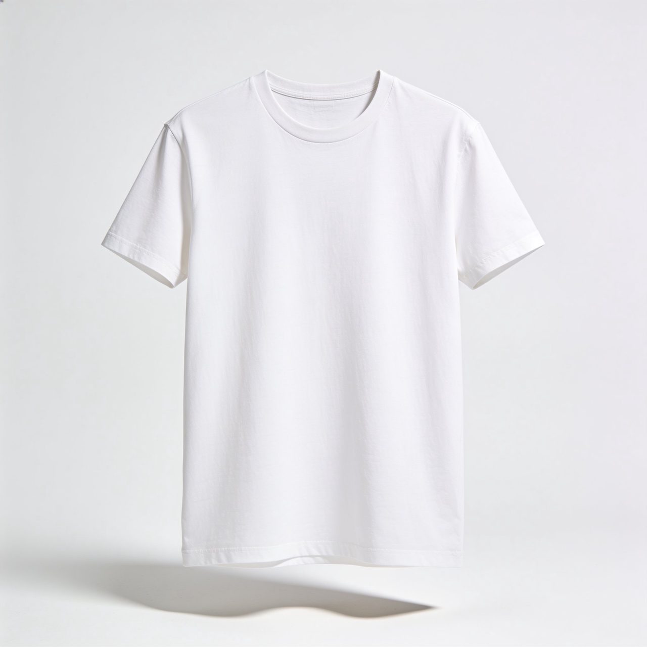 Plain white short-sleeve crewneck t-shirt on a solid light background.