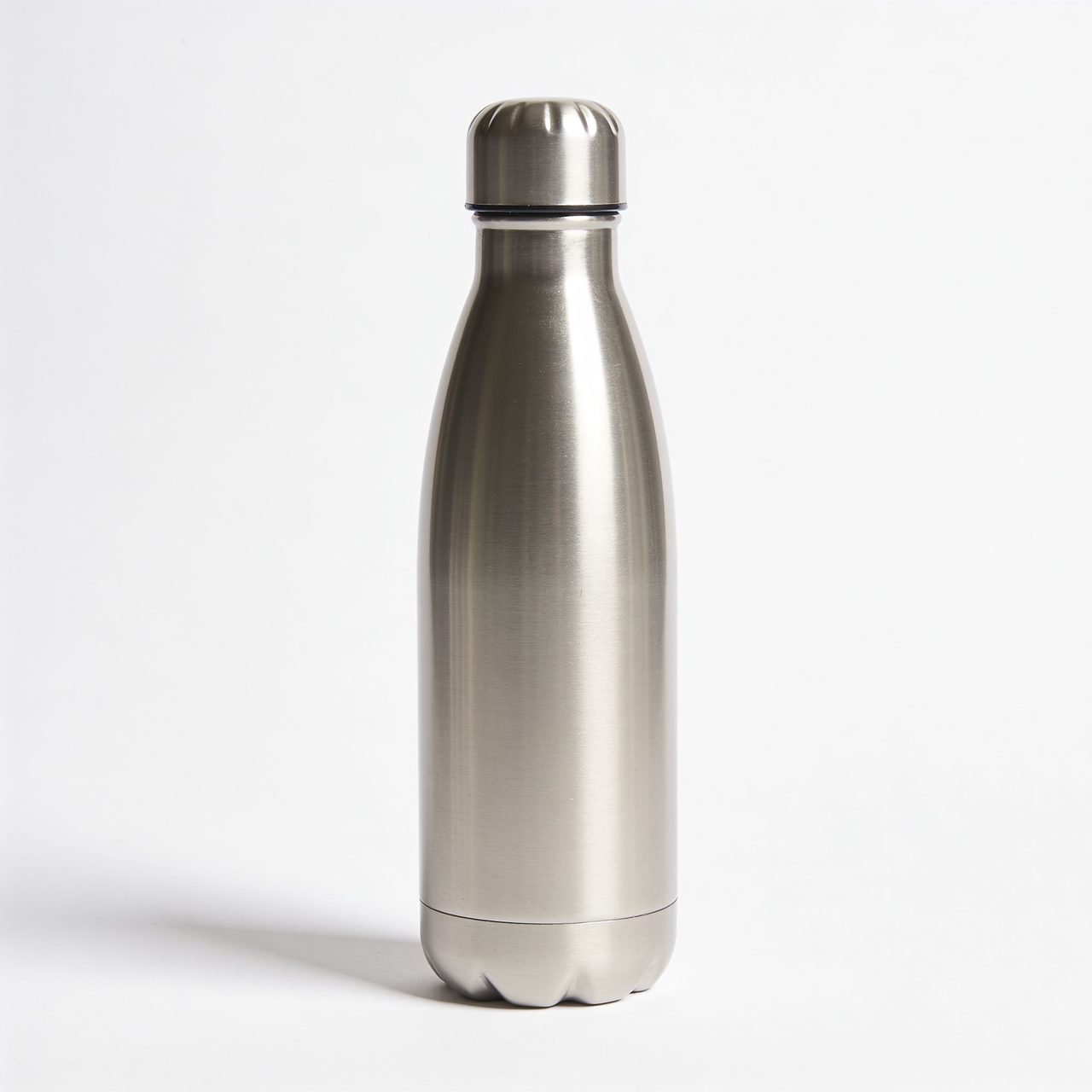 Brushed silver stainless steel water bottle with a matching metal cap.